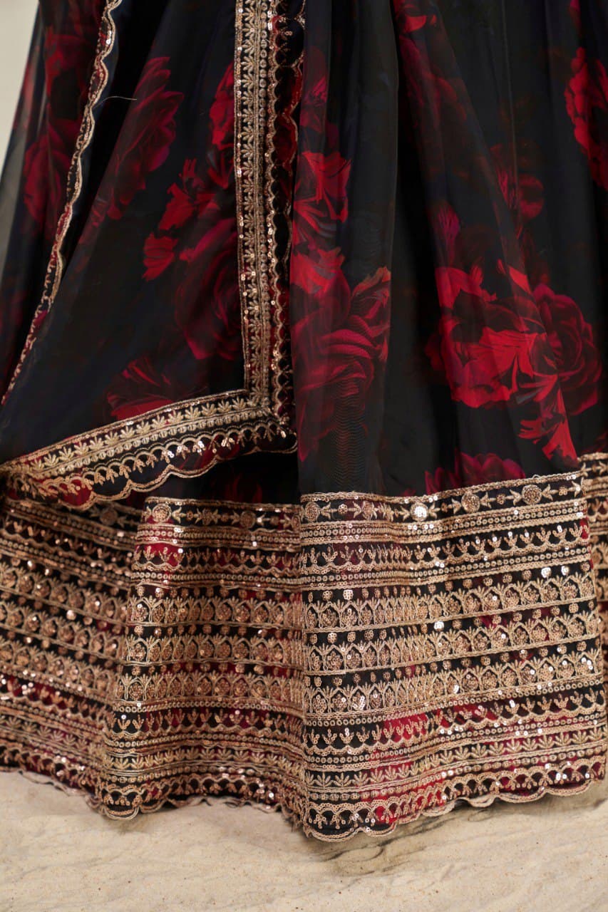 Elegant Floral Printed Embroidery Thread & Sequence Work Black Lehenga Choli ( MAS_TF_326 )