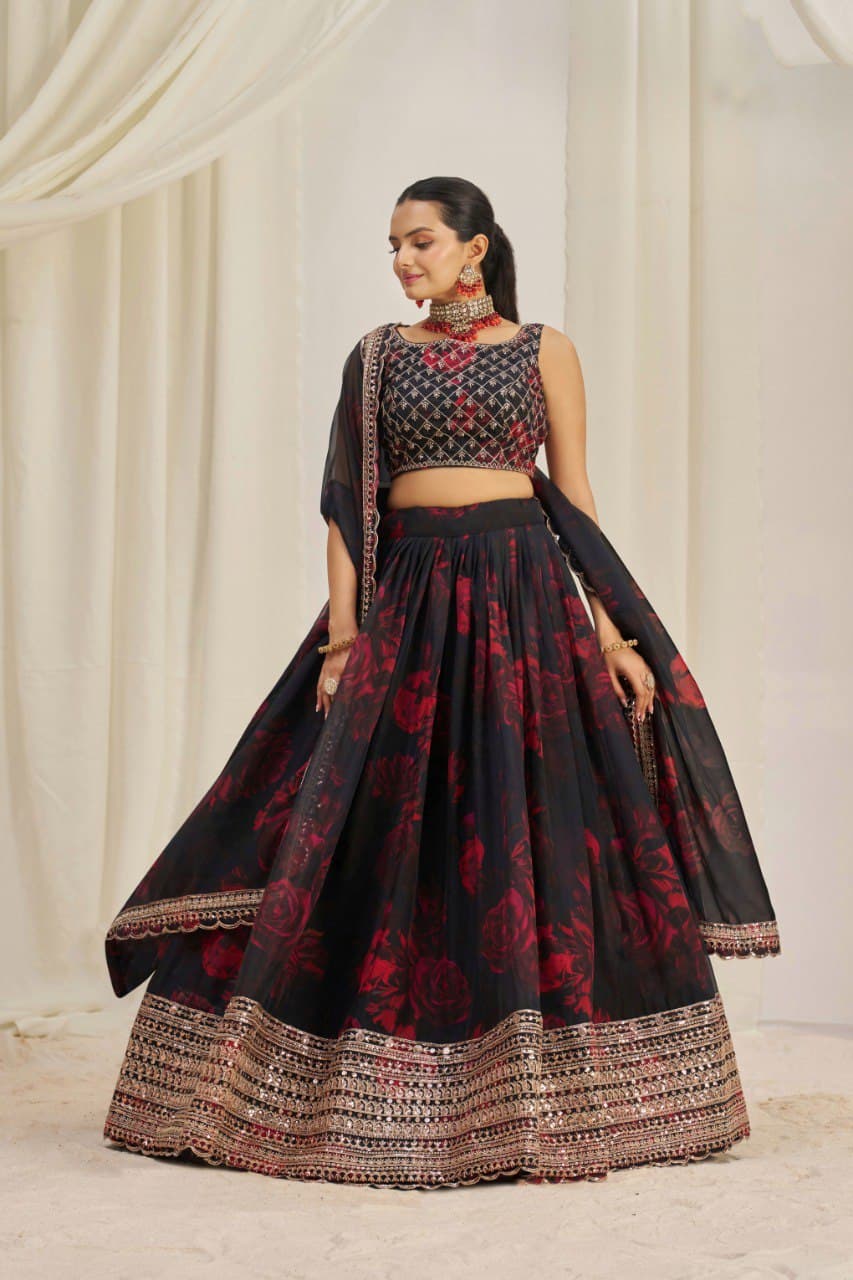 Elegant Floral Printed Embroidery Thread & Sequence Work Black Lehenga Choli ( MAS_TF_326 )
