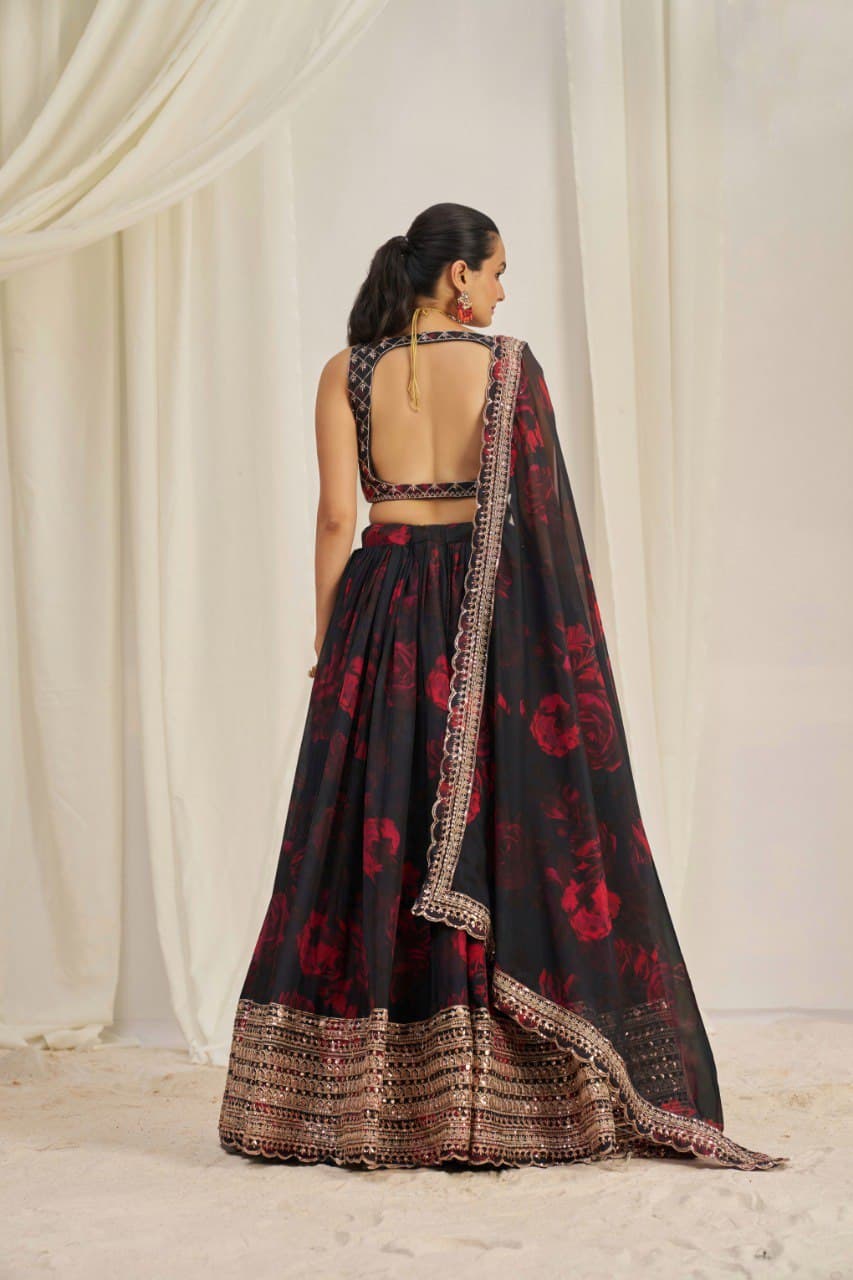 Elegant Floral Printed Embroidery Thread & Sequence Work Black Lehenga Choli ( MAS_TF_326 )