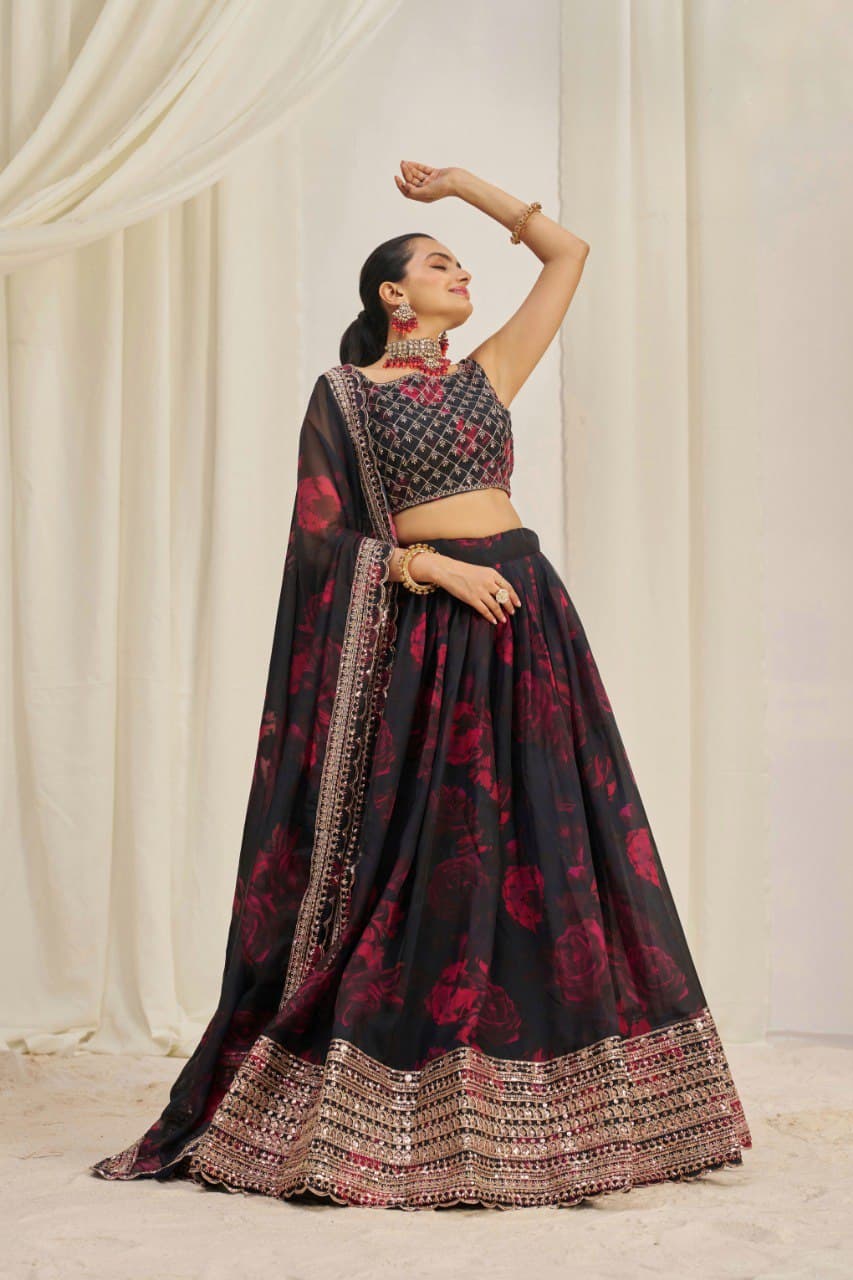 Elegant Floral Printed Embroidery Thread & Sequence Work Black Lehenga Choli ( MAS_TF_326 )