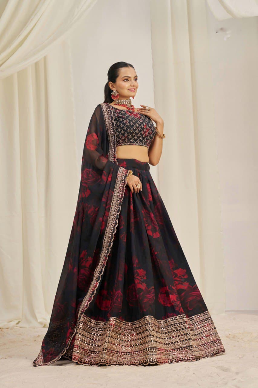 Elegant Floral Printed Embroidery Thread & Sequence Work Black Lehenga Choli ( MAS_TF_326 )
