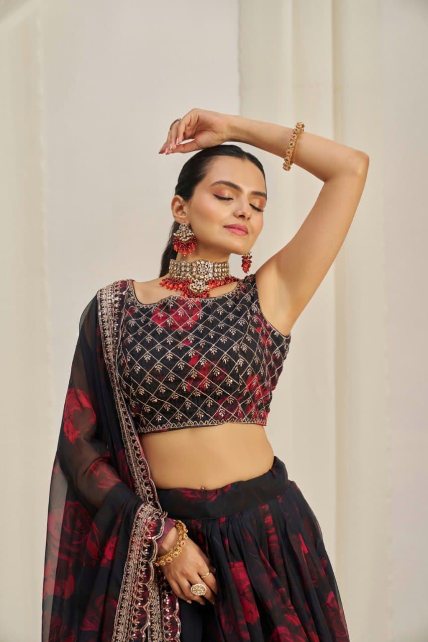 Elegant Floral Printed Embroidery Thread & Sequence Work Black Lehenga Choli ( MAS_TF_326 )