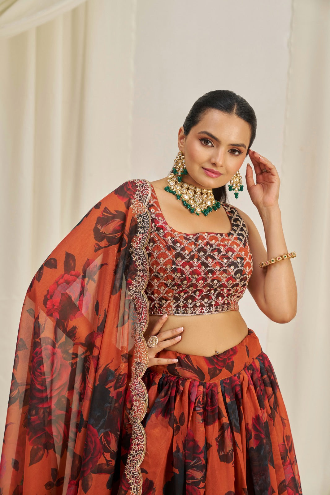 Admiring Floral Printed Embroidery Thread & Sequence Work Orange Lehenga Choli ( MAS_TF_329 )