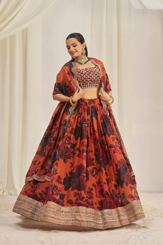 Admiring Floral Printed Embroidery Thread & Sequence Work Orange Lehenga Choli ( MAS_TF_329 )
