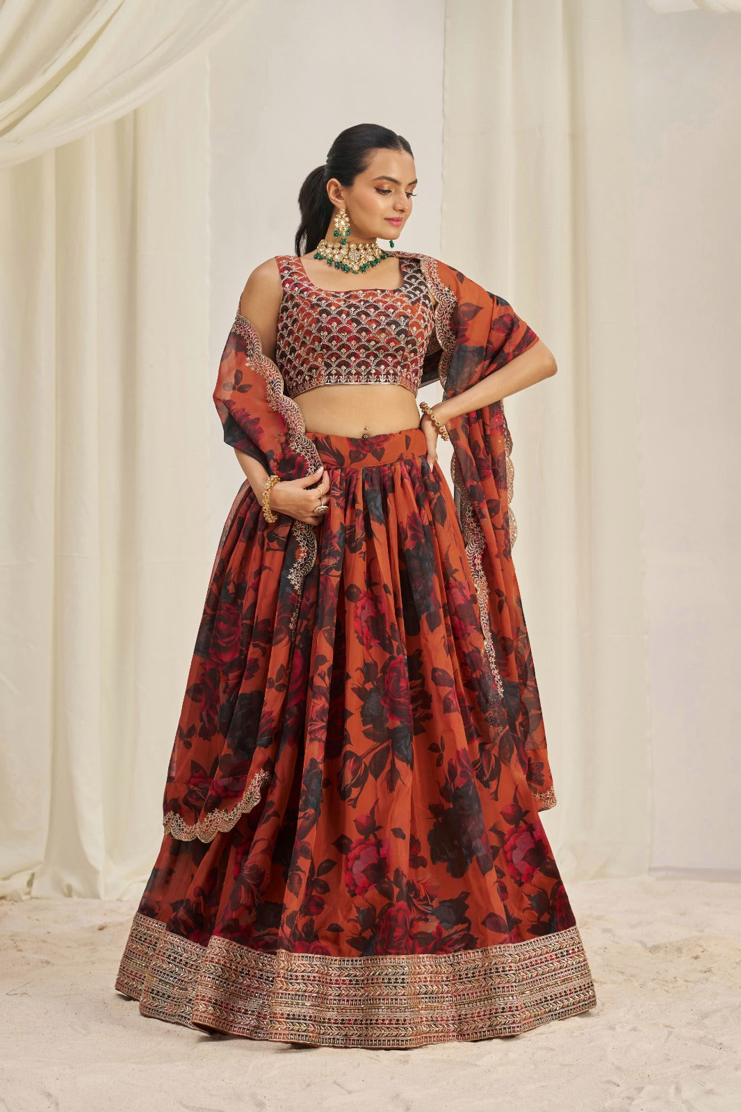 Admiring Floral Printed Embroidery Thread & Sequence Work Orange Lehenga Choli ( MAS_TF_329 )