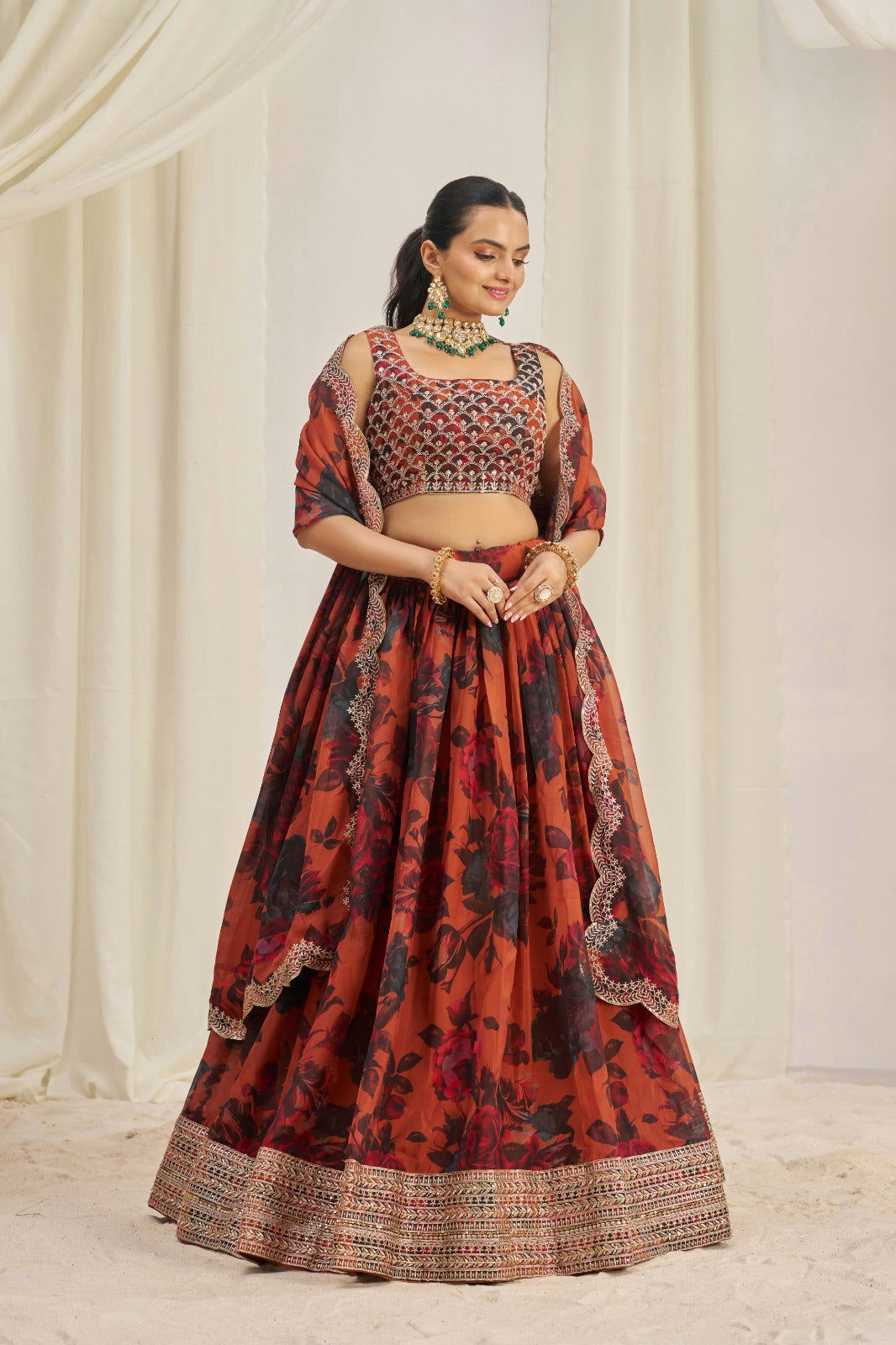 Admiring Floral Printed Embroidery Thread & Sequence Work Orange Lehenga Choli ( MAS_TF_329 )