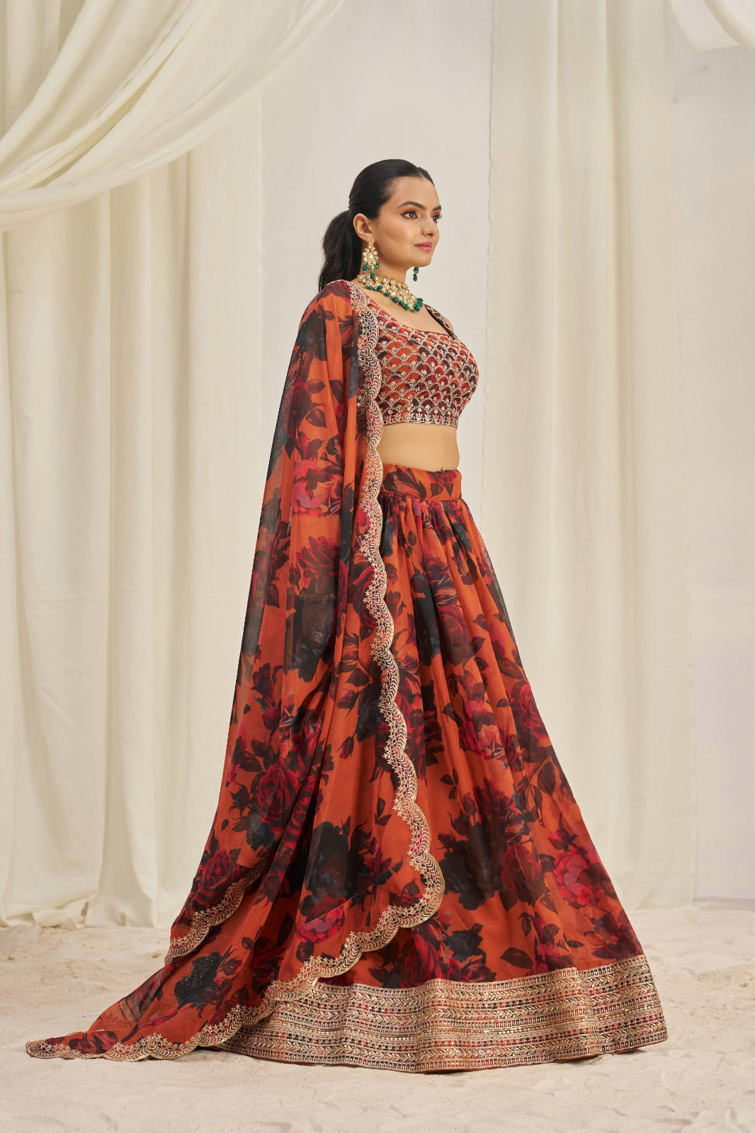 Admiring Floral Printed Embroidery Thread & Sequence Work Orange Lehenga Choli ( MAS_TF_329 )