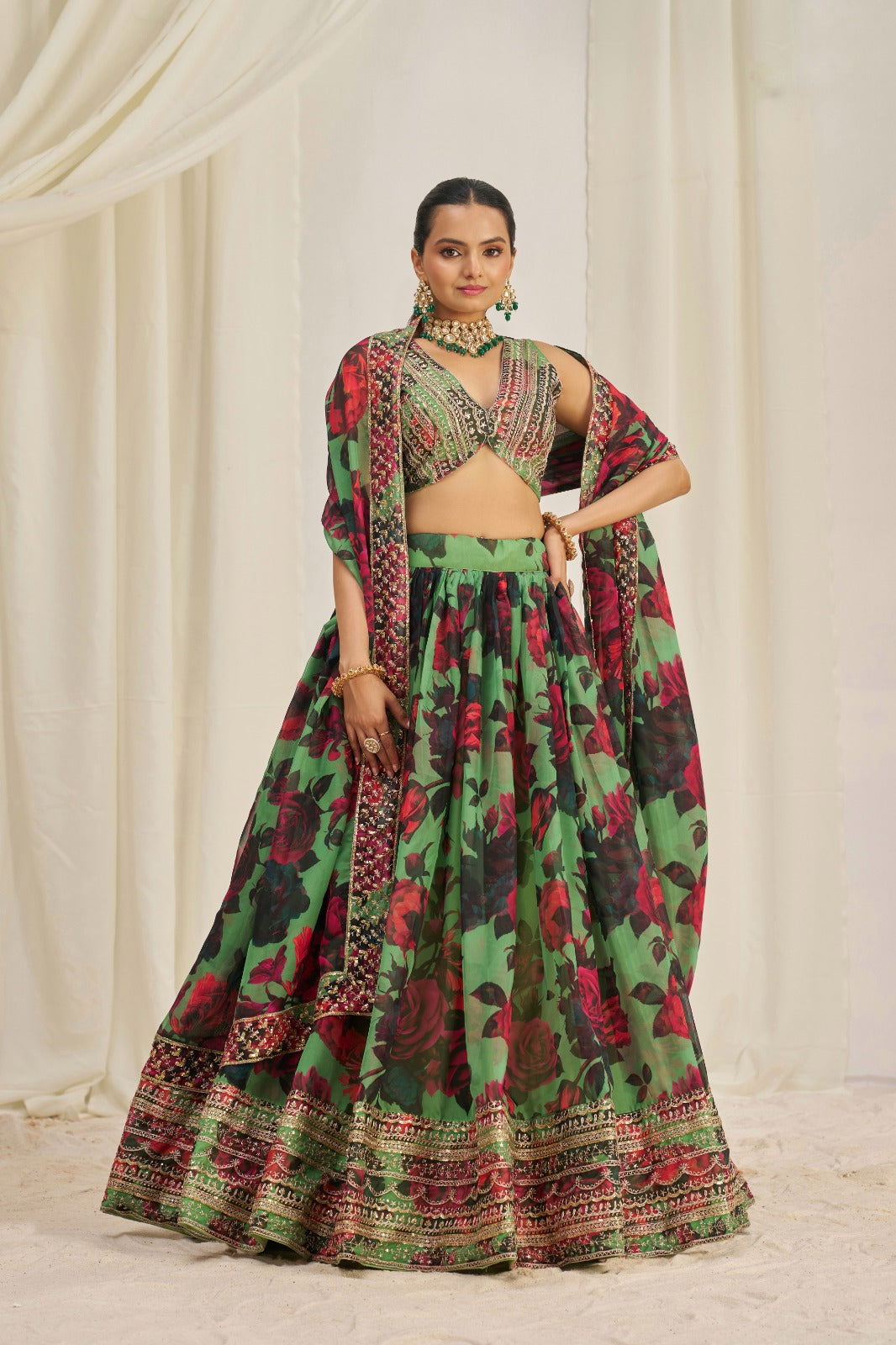 Eye Catching Floral Printed Embroidery Thread & Sequence Work Green Lehenga Choli ( MAS_TF_330 )