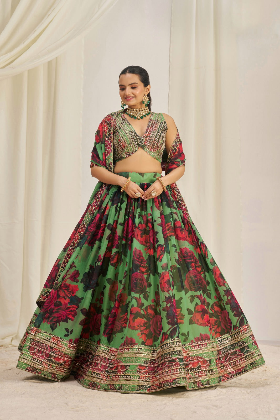 Eye Catching Floral Printed Embroidery Thread & Sequence Work Green Lehenga Choli ( MAS_TF_330 )