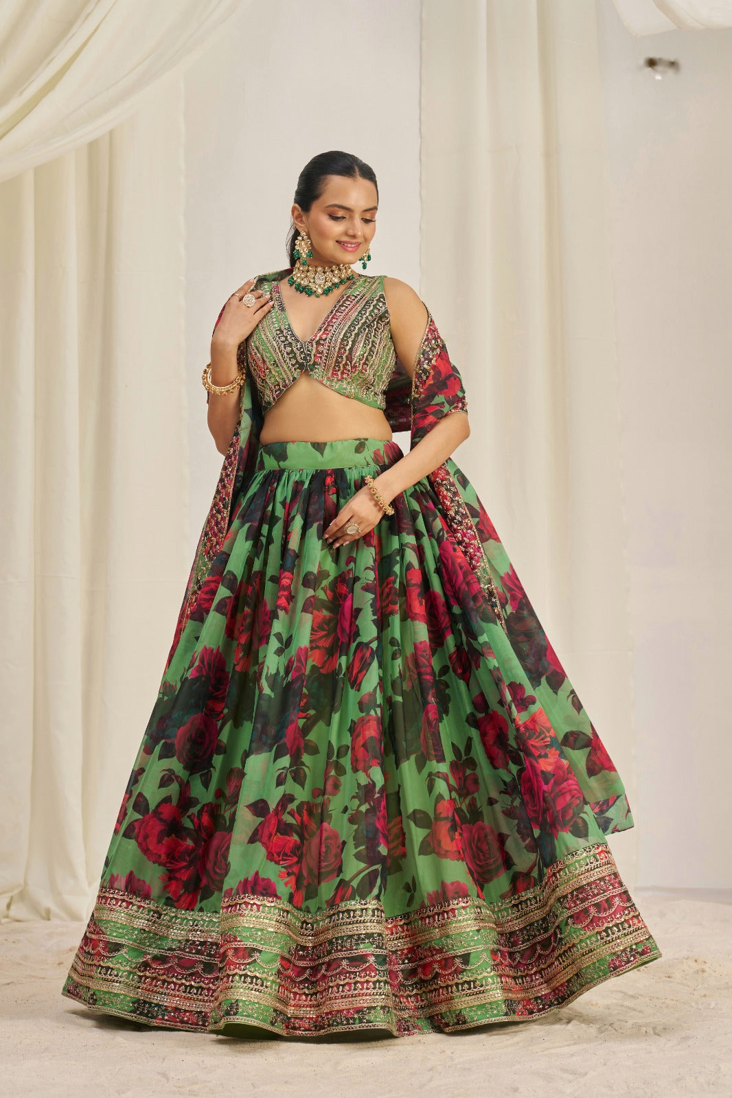 Eye Catching Floral Printed Embroidery Thread & Sequence Work Green Lehenga Choli ( MAS_TF_330 )