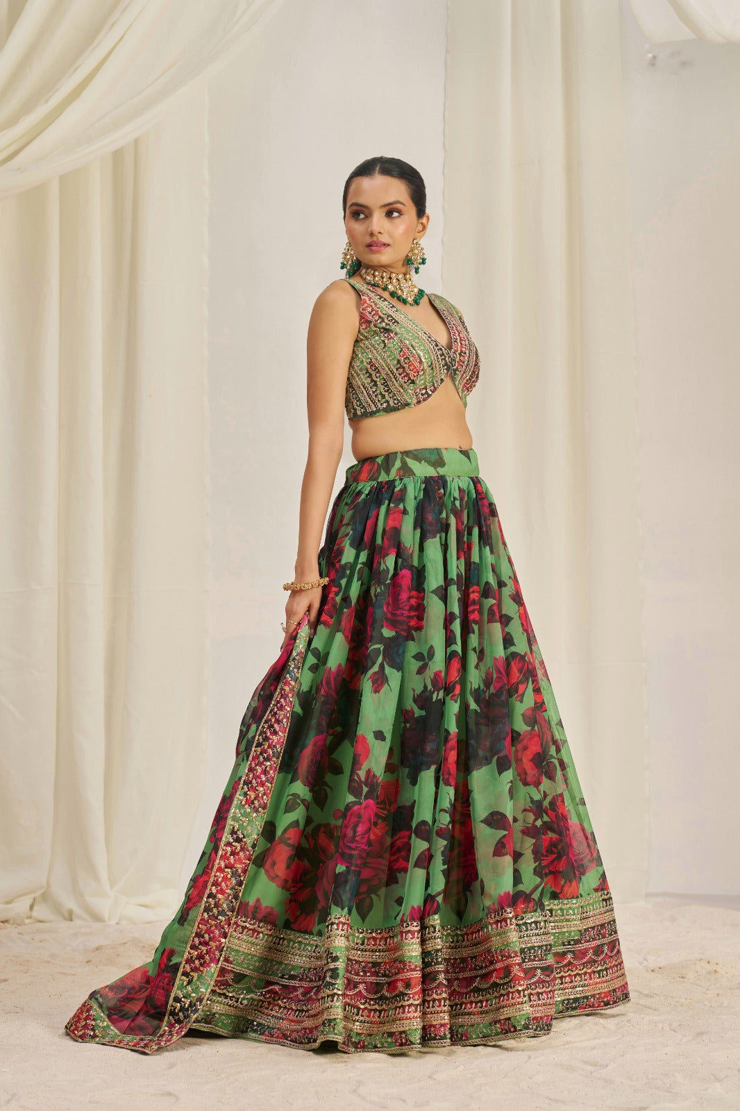 Eye Catching Floral Printed Embroidery Thread & Sequence Work Green Lehenga Choli ( MAS_TF_330 )