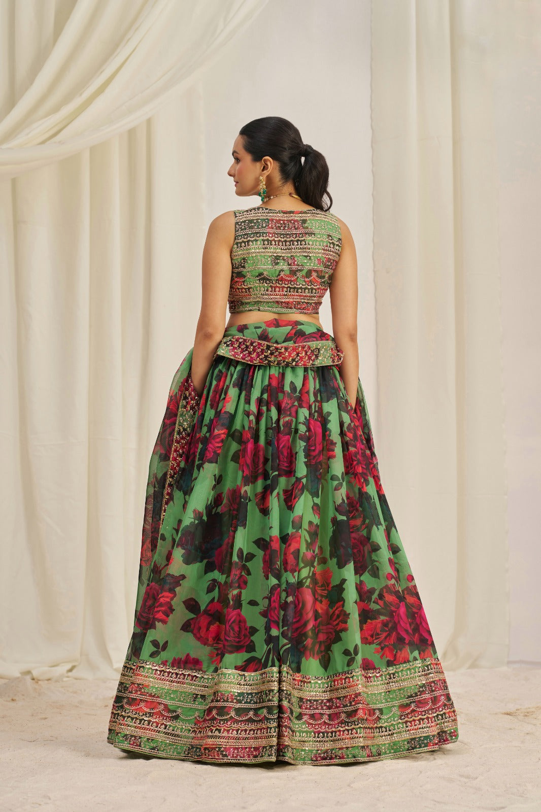 Eye Catching Floral Printed Embroidery Thread & Sequence Work Green Lehenga Choli ( MAS_TF_330 )