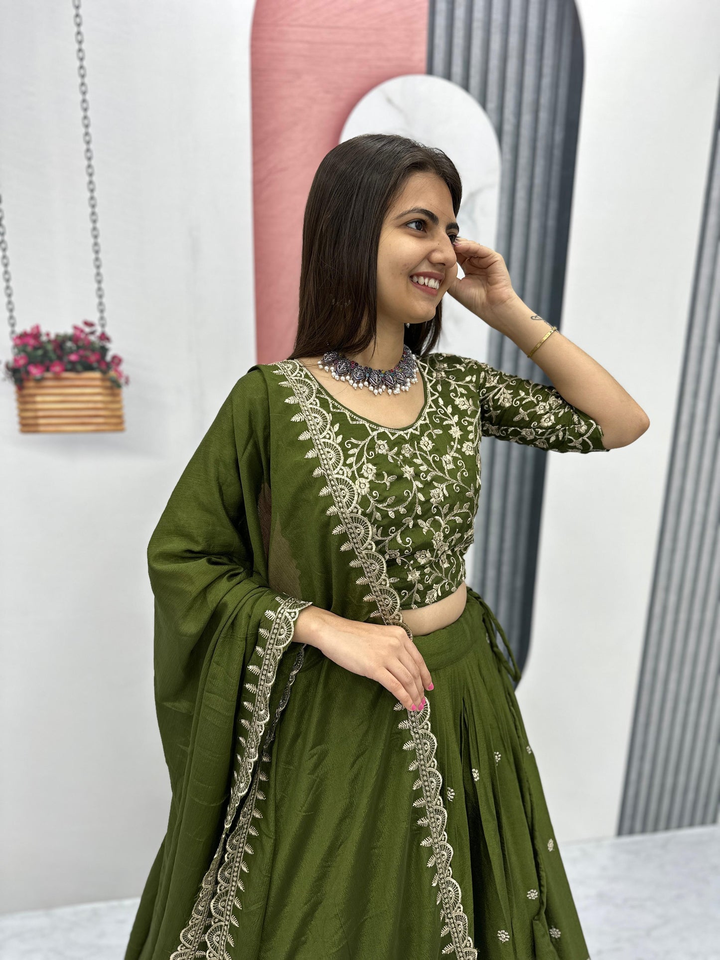 Decent Embroidery Thread Work Mahendi Lehenga Choli ( MAS_TP_075 )