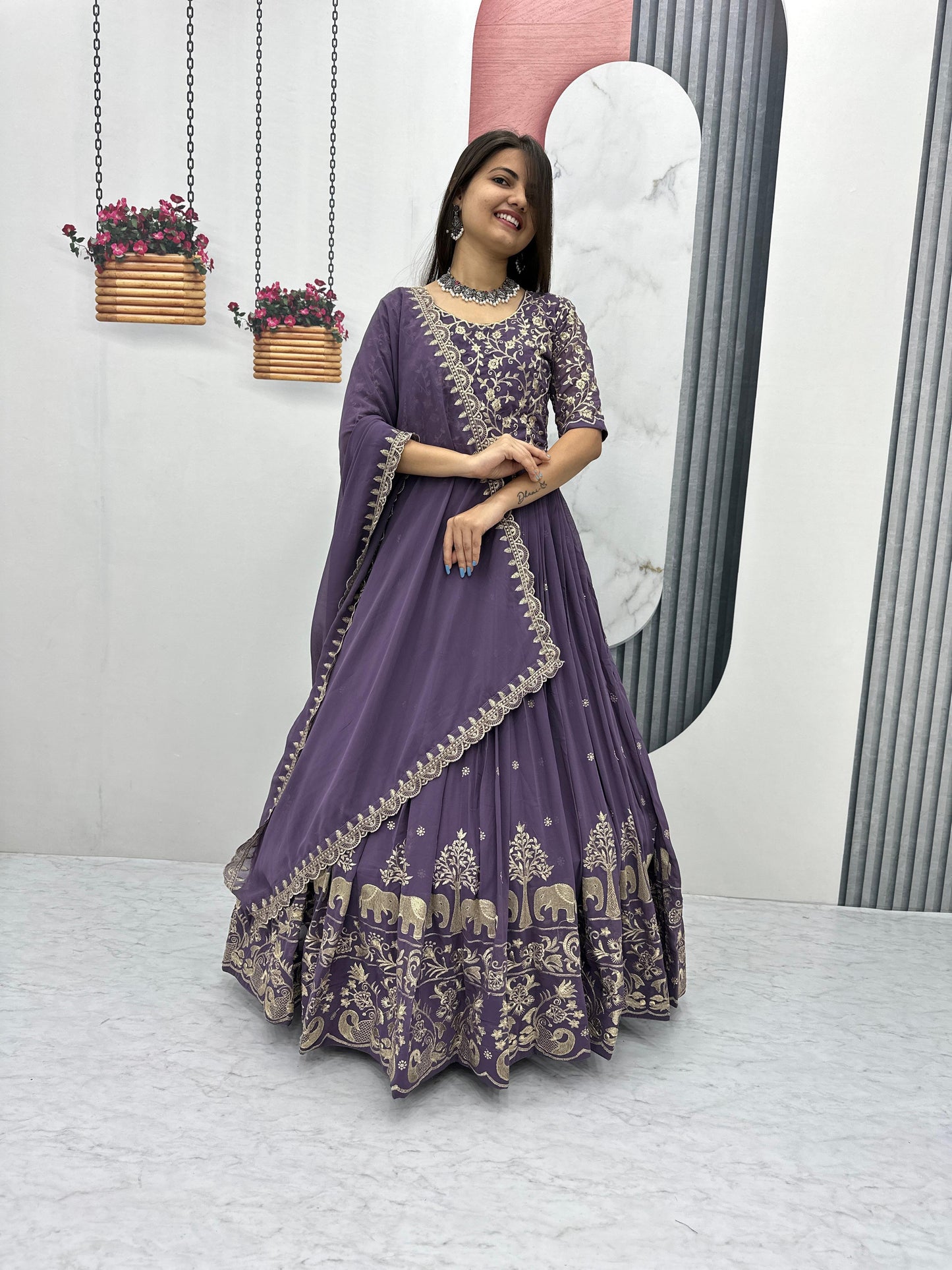 Ravishing Embroidery Thread Work Pink Party Wear Gown and Dupatta set ( MAS_TP_108_Purple )