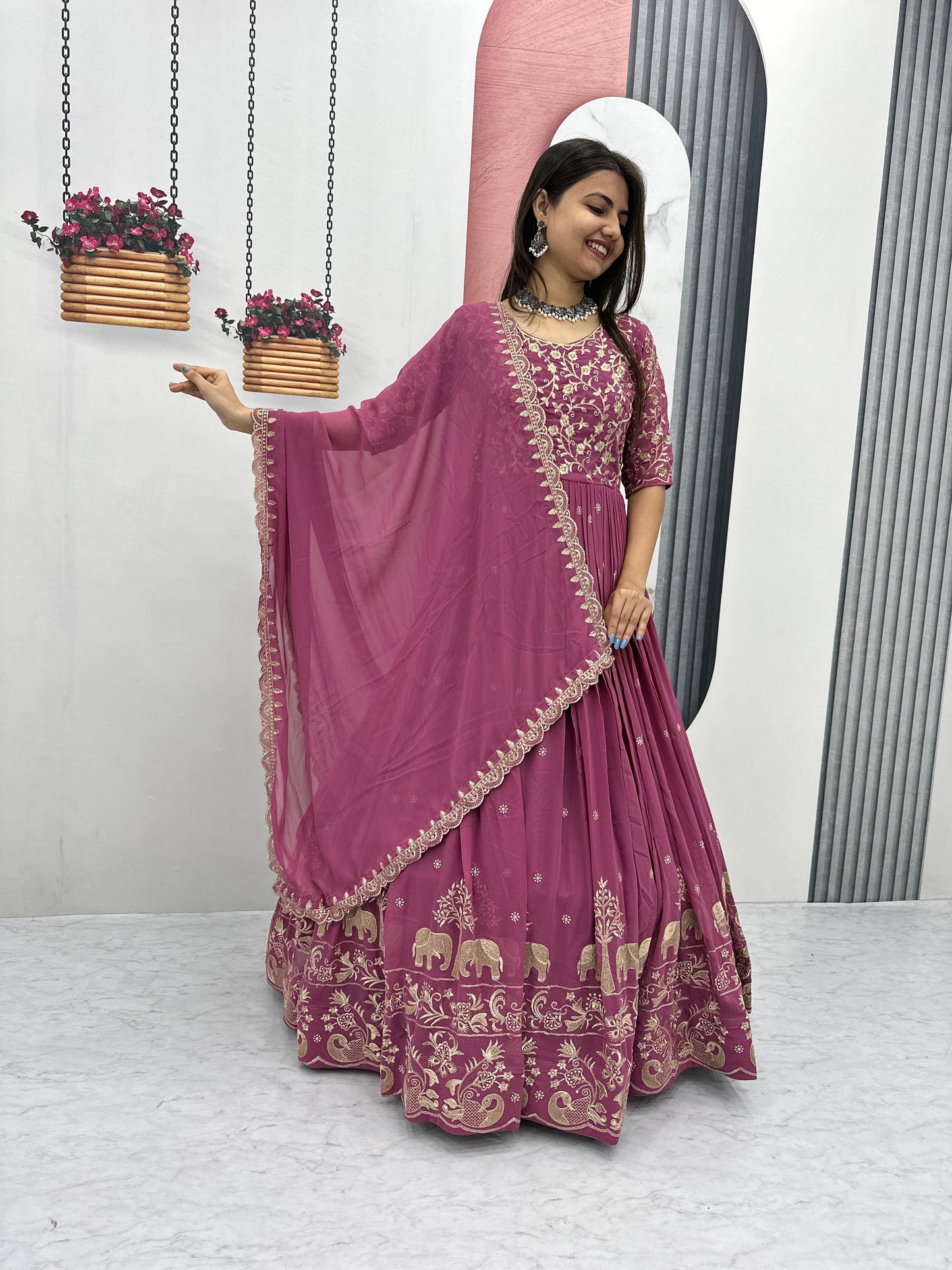 Fabulous Embroidery Thread Work Party Wear Gown and Dupatta set ( MAS_TP_108_Chocolaty )