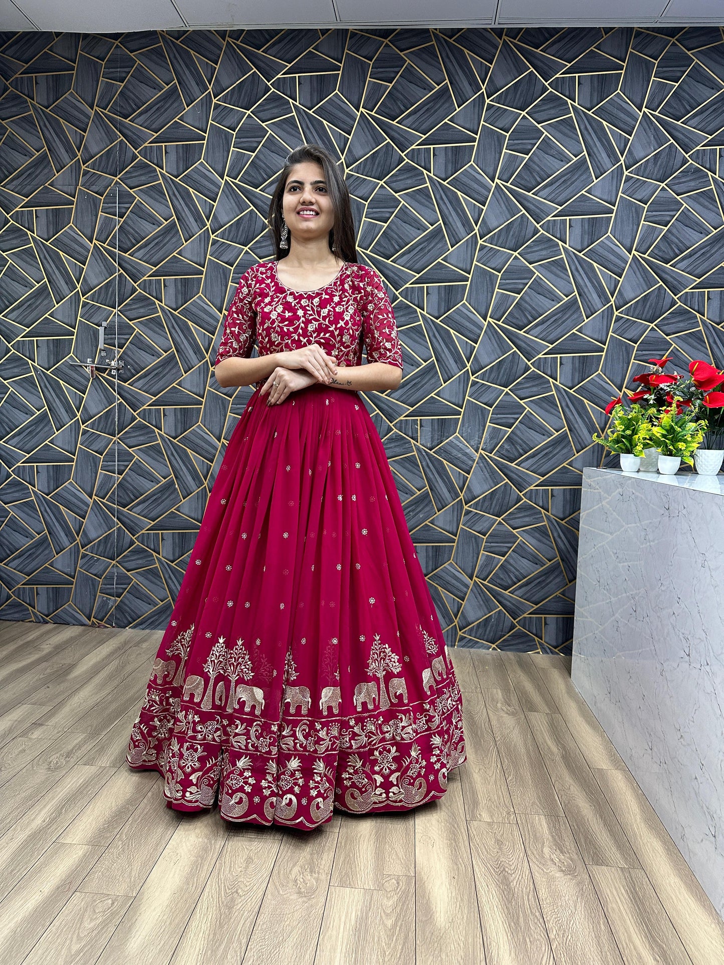 Pretty Embroidery Thread Work Pink Party Wear Gown and Dupatta set ( MAS_TP_108_Pink )