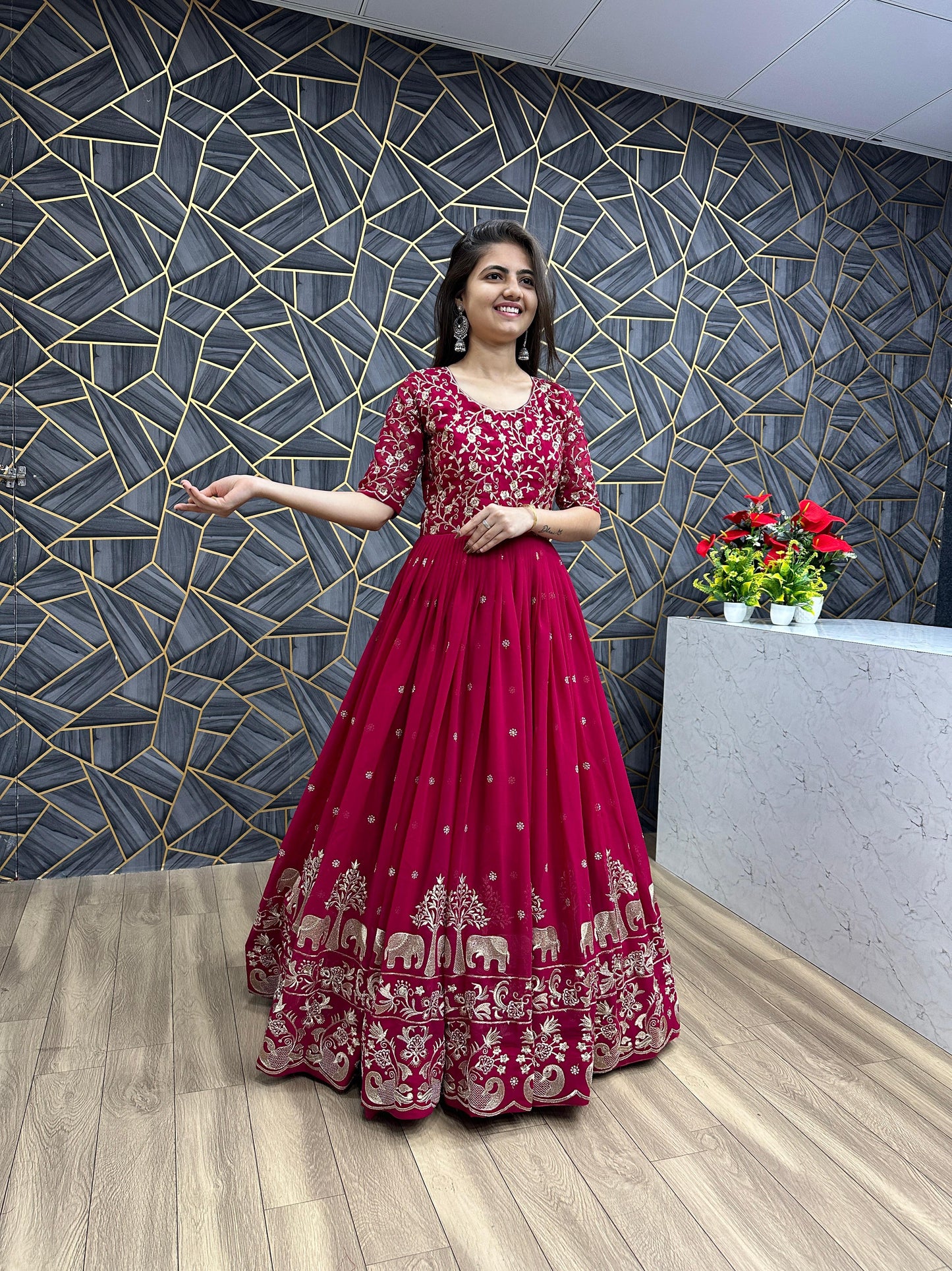 Pretty Embroidery Thread Work Pink Party Wear Gown and Dupatta set ( MAS_TP_108_Pink )