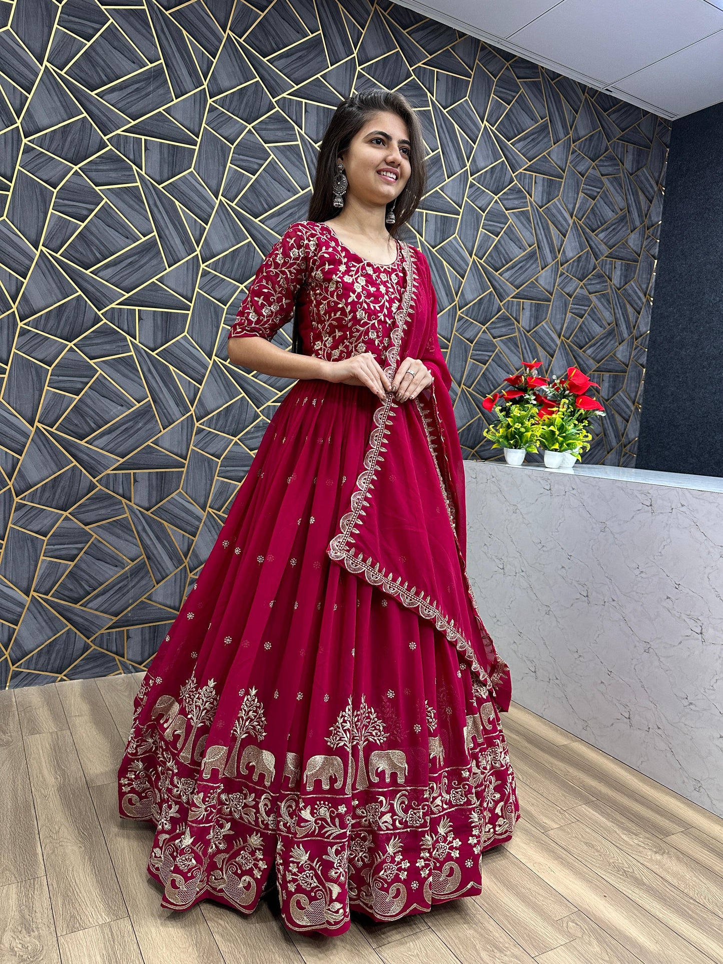 Pretty Embroidery Thread Work Pink Party Wear Gown and Dupatta set ( MAS_TP_108_Pink )