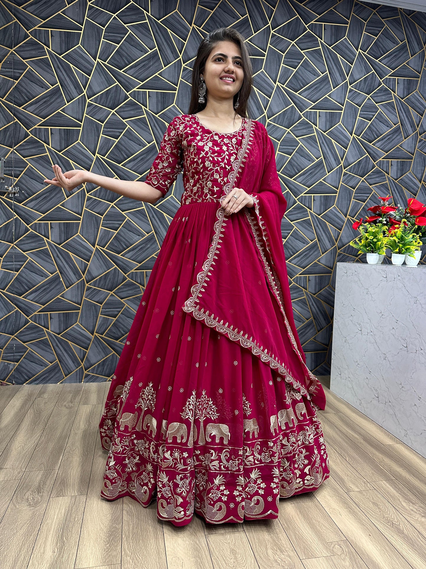 Pretty Embroidery Thread Work Pink Party Wear Gown and Dupatta set ( MAS_TP_108_Pink )