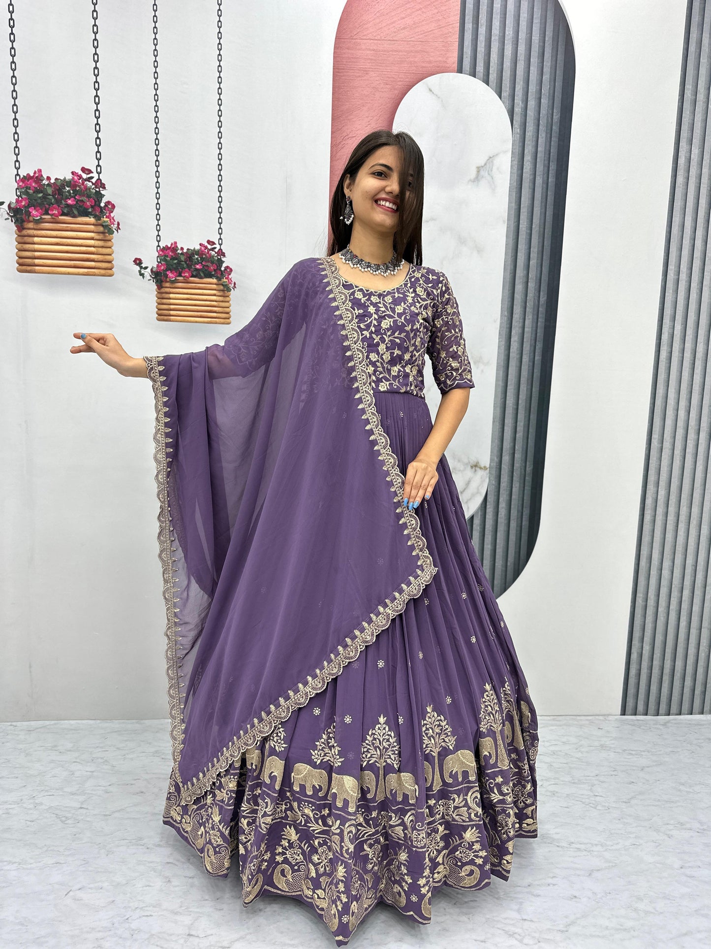 Ravishing Embroidery Thread Work Pink Party Wear Gown and Dupatta set ( MAS_TP_108_Purple )