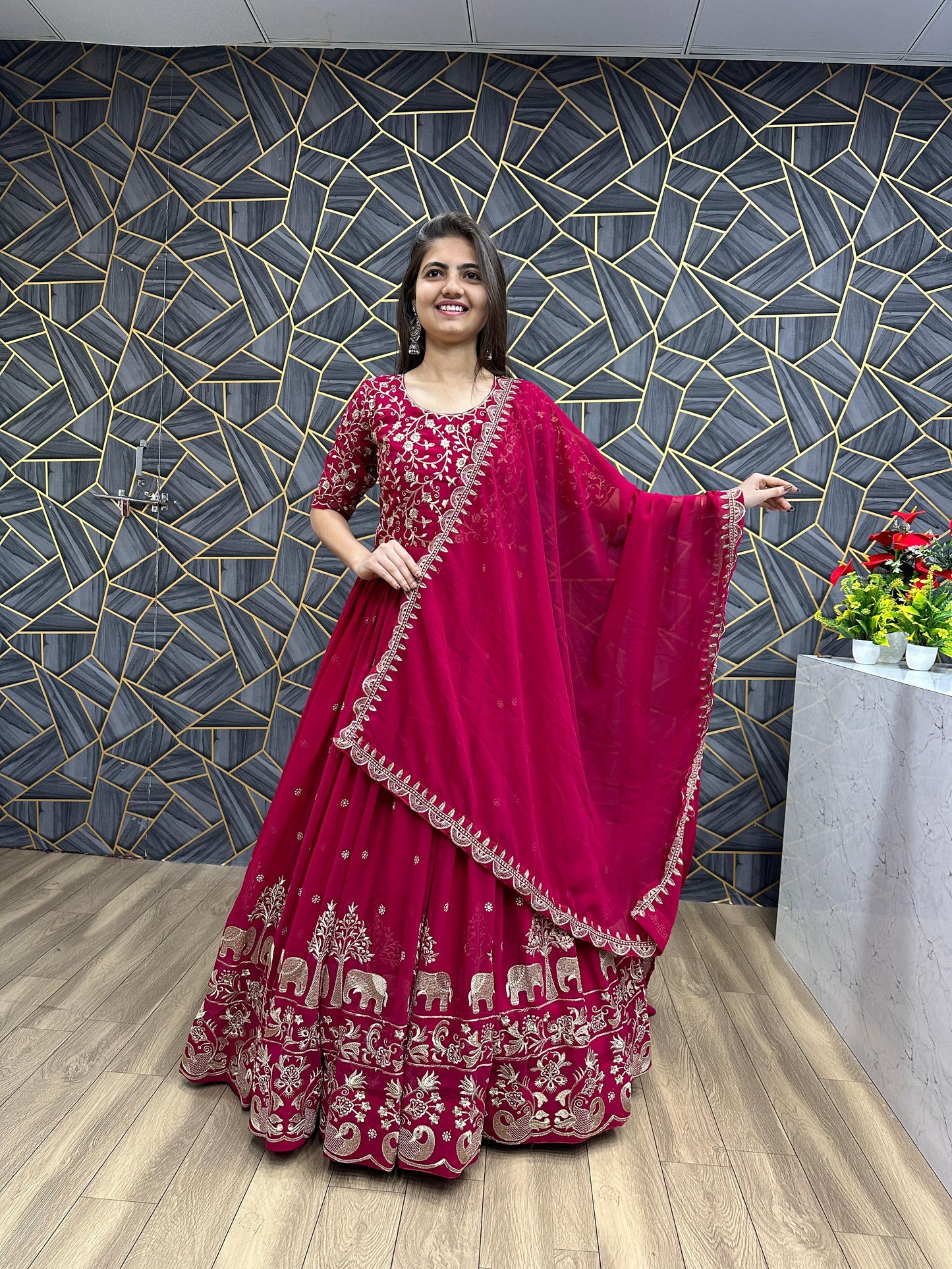 Pretty Embroidery Thread Work Pink Party Wear Gown and Dupatta set ( MAS_TP_108_Pink )