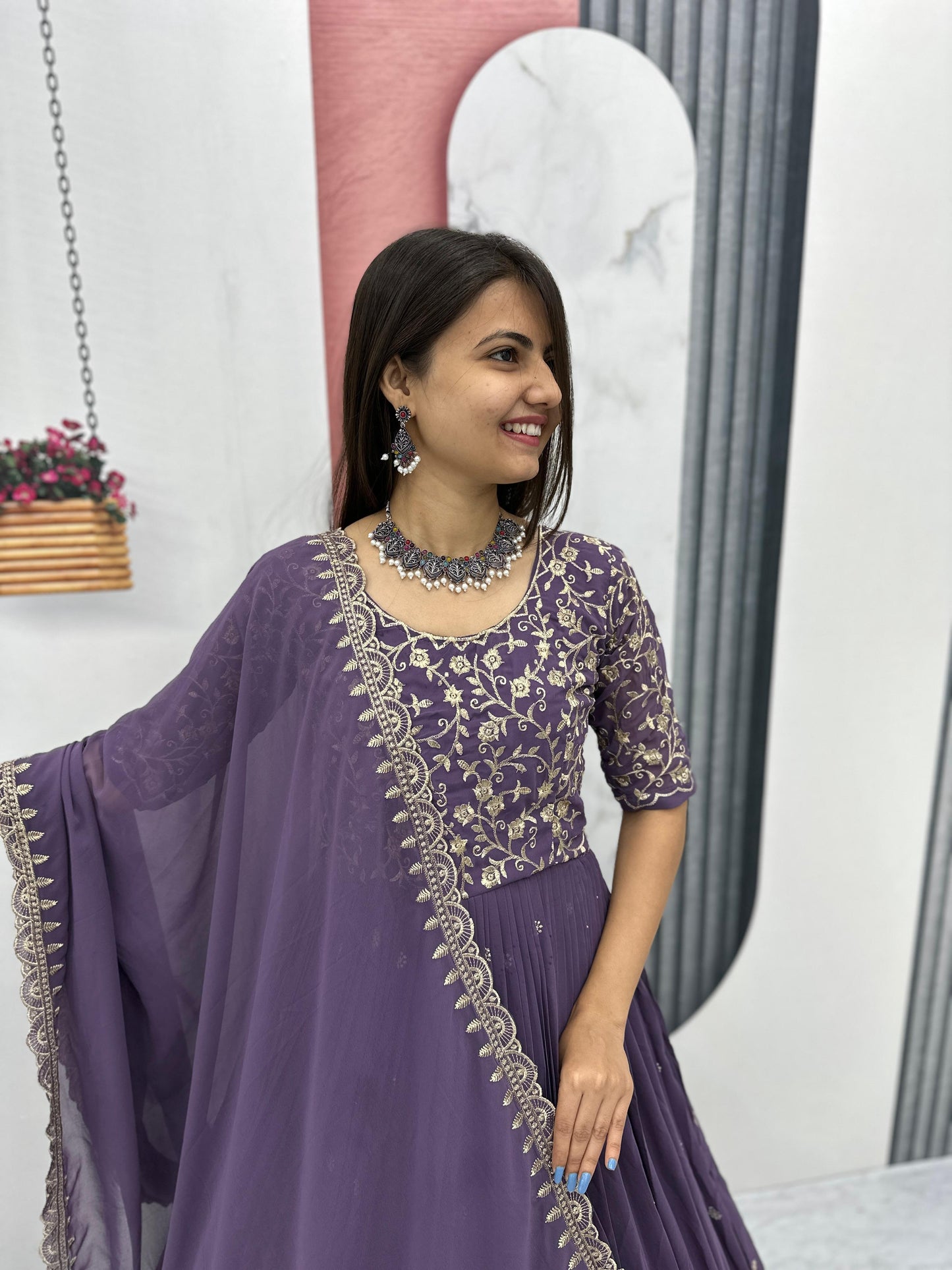 Ravishing Embroidery Thread Work Pink Party Wear Gown and Dupatta set ( MAS_TP_108_Purple )