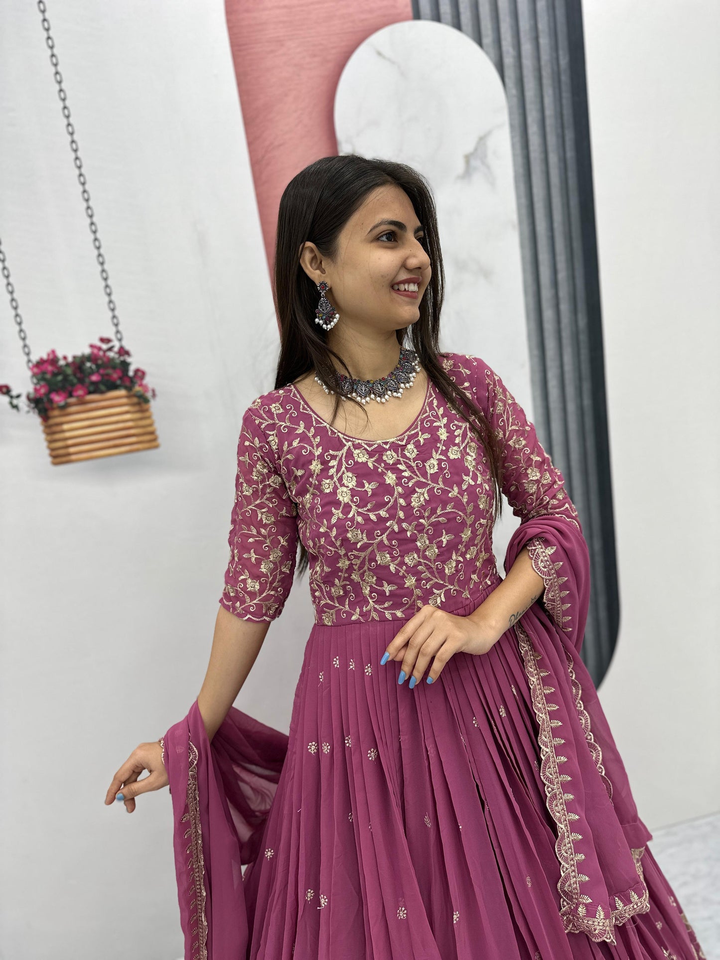 Fabulous Embroidery Thread Work Party Wear Gown and Dupatta set ( MAS_TP_108_Chocolaty )