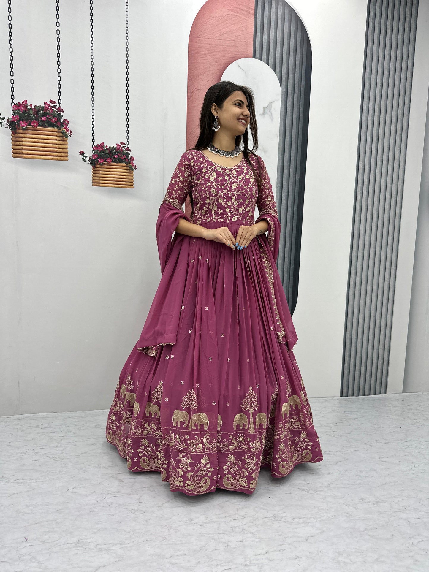 Fabulous Embroidery Thread Work Party Wear Gown and Dupatta set ( MAS_TP_108_Chocolaty )