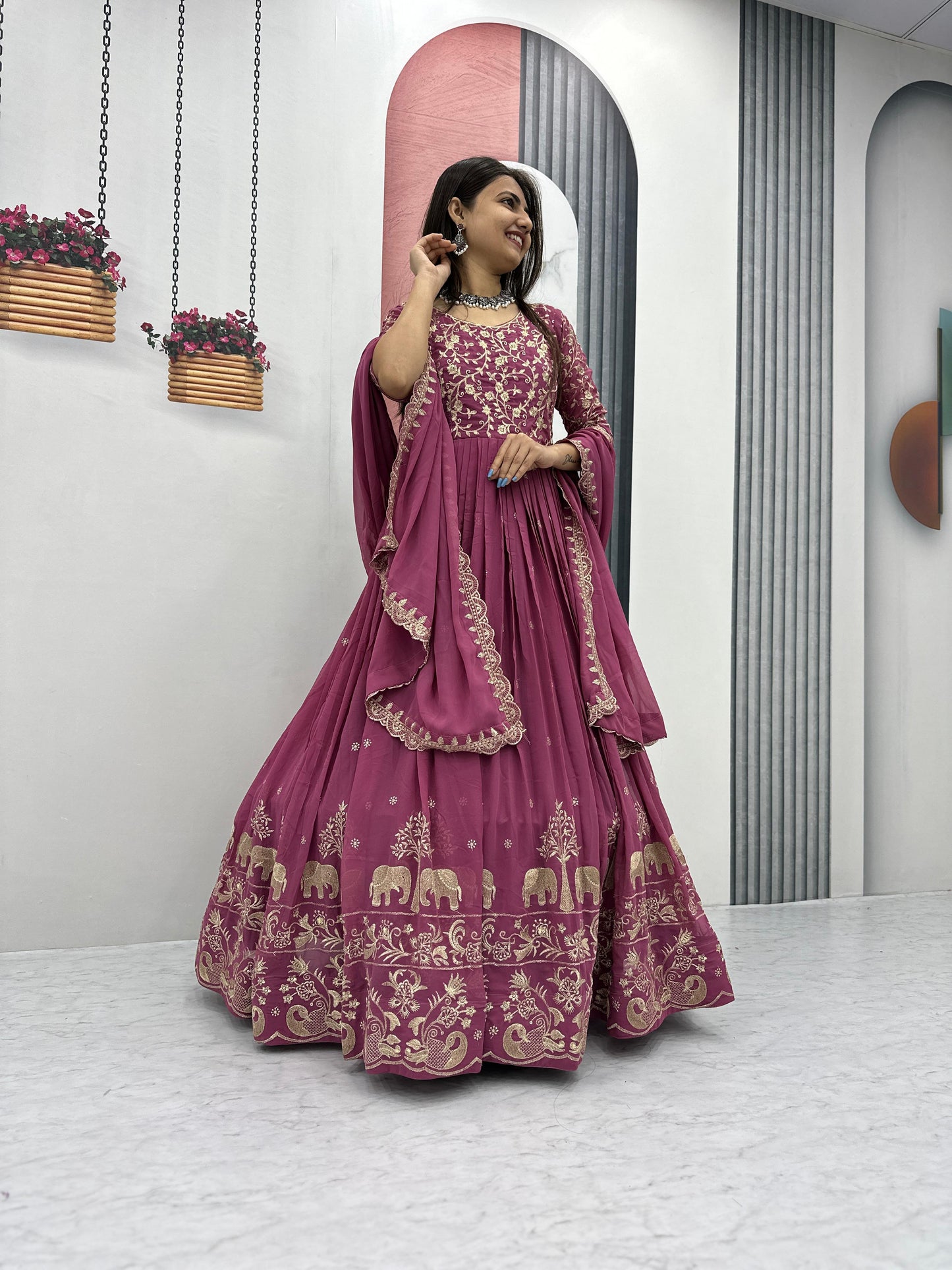 Fabulous Embroidery Thread Work Party Wear Gown and Dupatta set ( MAS_TP_108_Chocolaty )