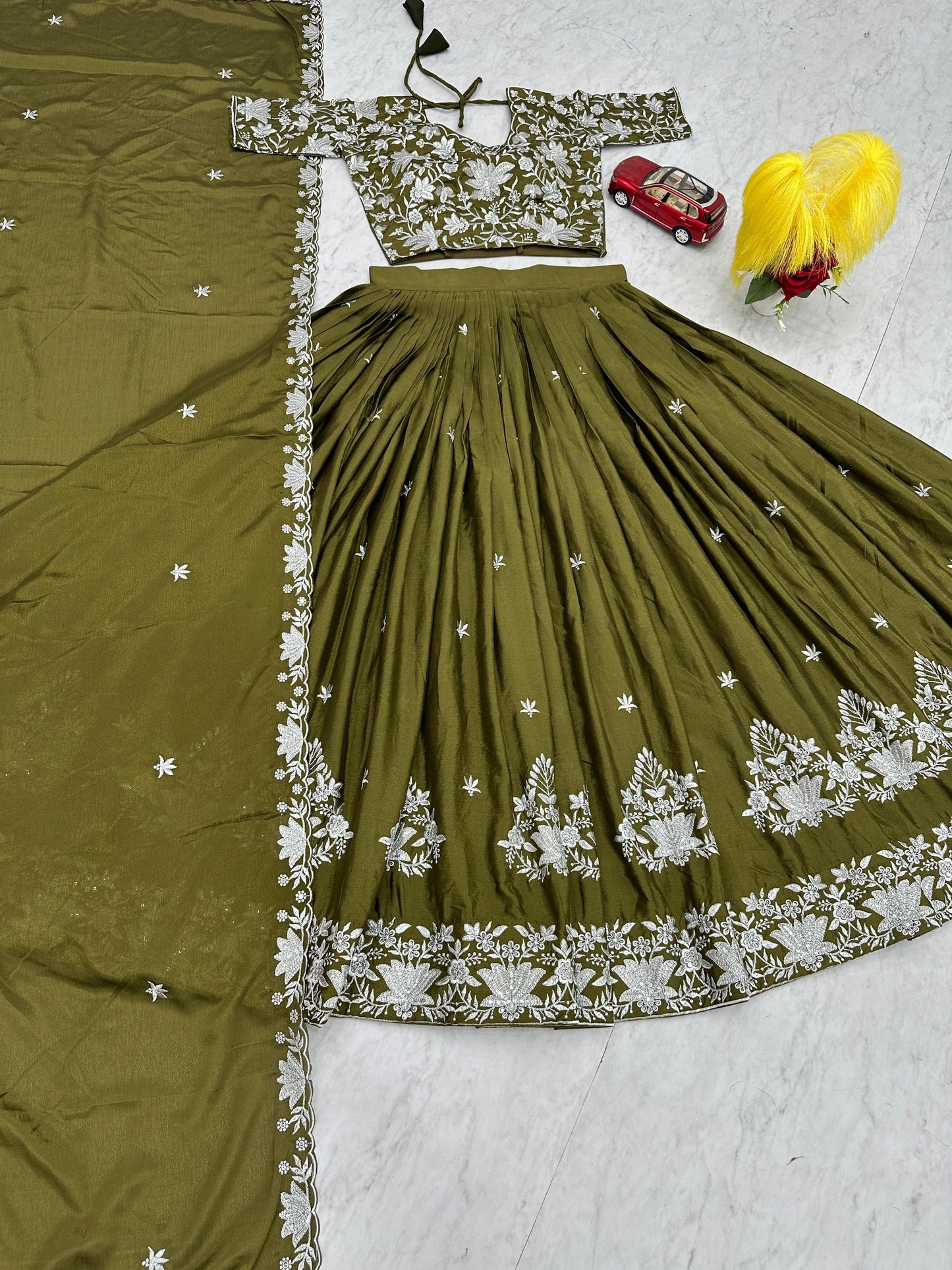 Beautiful Embroidery Thread Work Mahendi Color Lehenga Choli ( MAS_TP_212 )