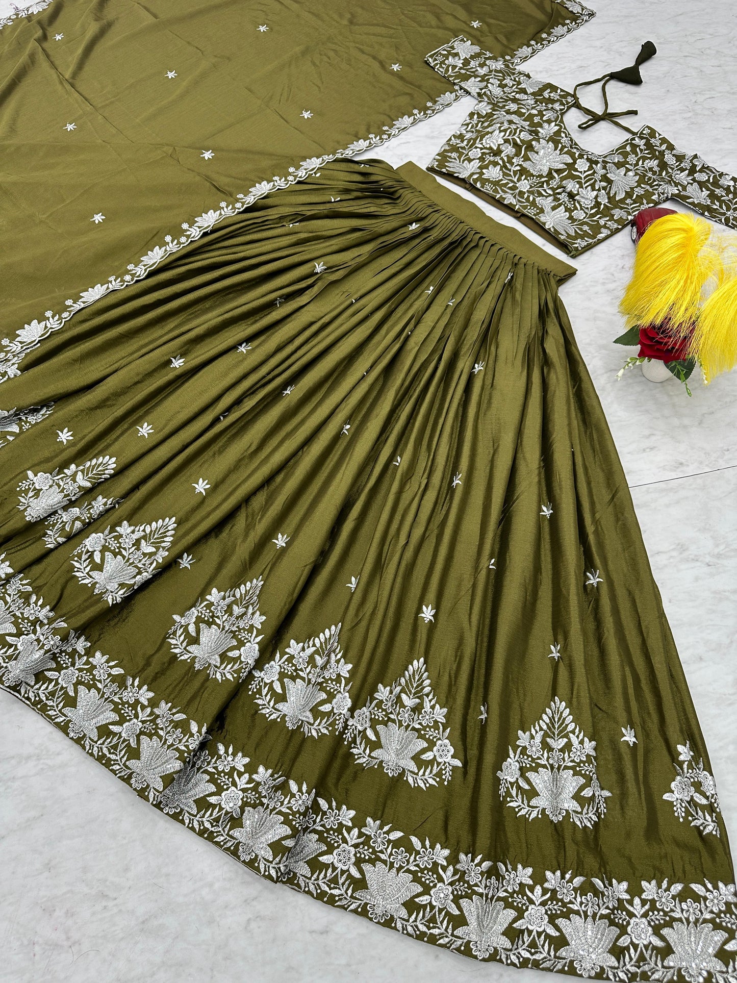 Beautiful Embroidery Thread Work Mahendi Color Lehenga Choli ( MAS_TP_212 )