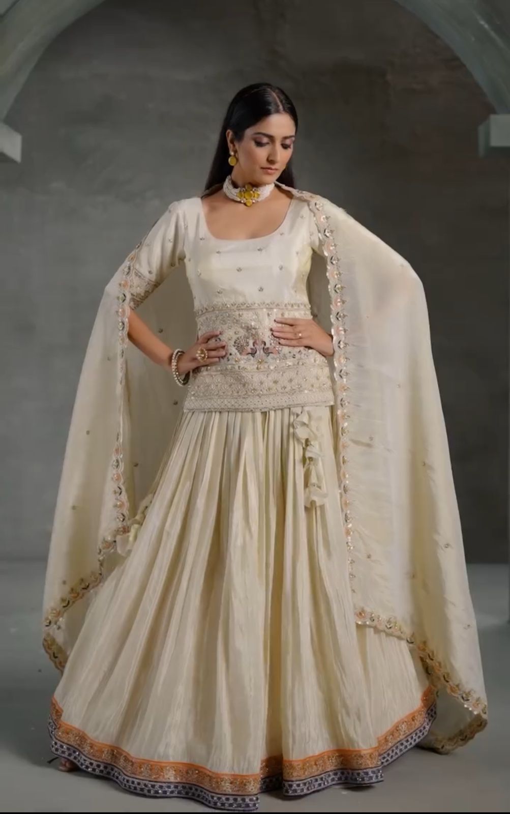 Classic Beige color Embroidery Thread & Sequence Work Crop Top ( MAS_TP_238 )