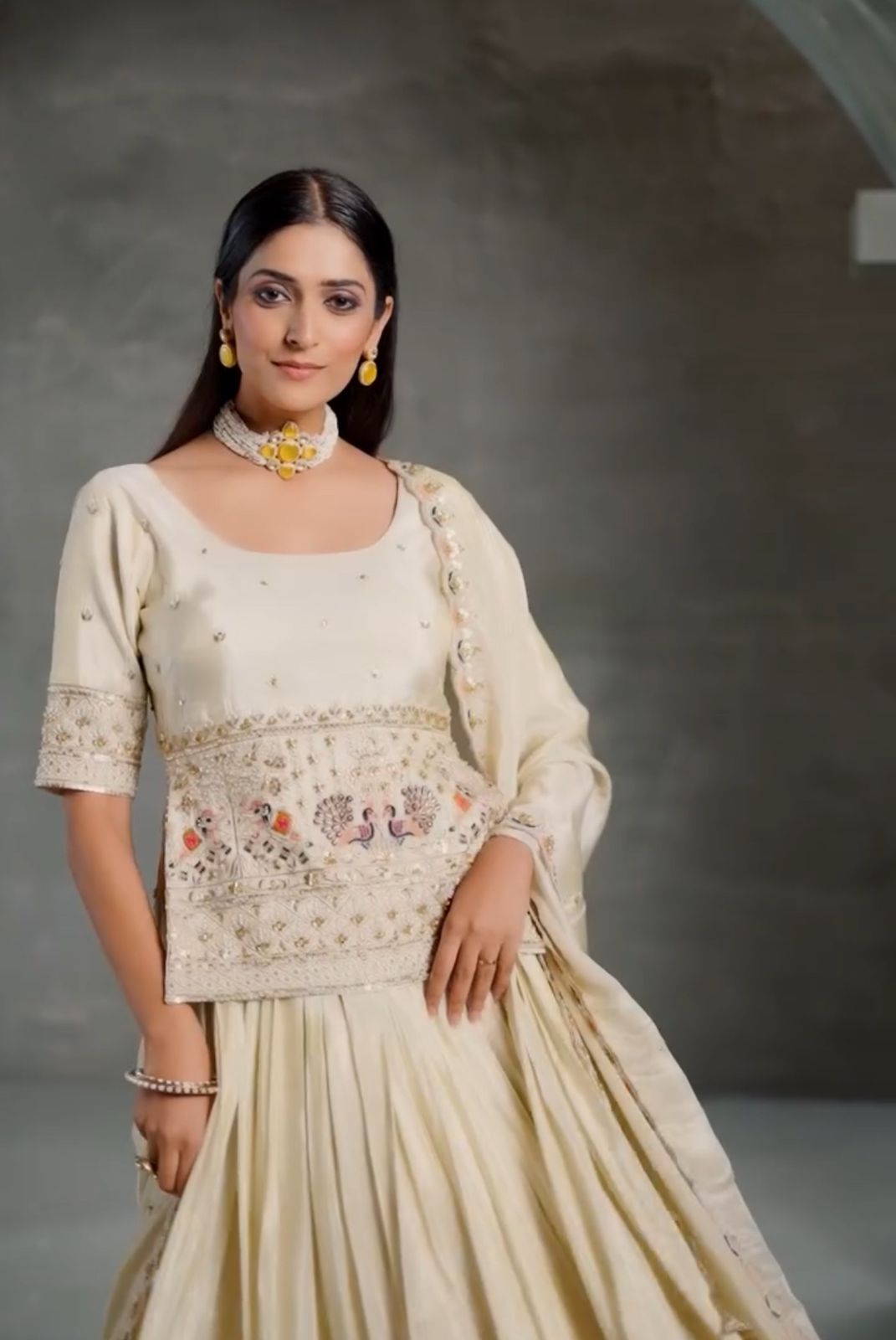 Classic Beige color Embroidery Thread & Sequence Work Crop Top ( MAS_TP_238 )