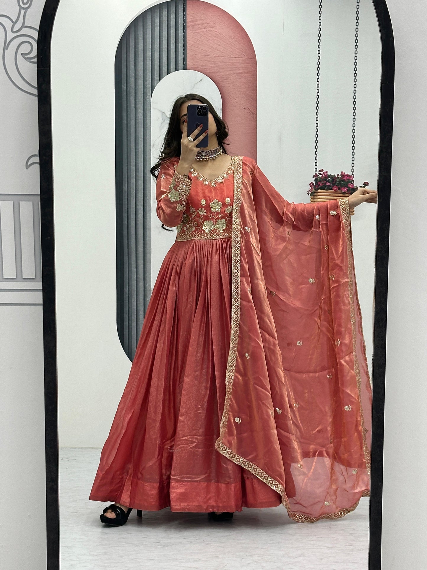 Classic Heavy Embroidery Thread & Sequence Work Party Wear Gown & Dupatta Set ( MAS_TP_239_Orange )