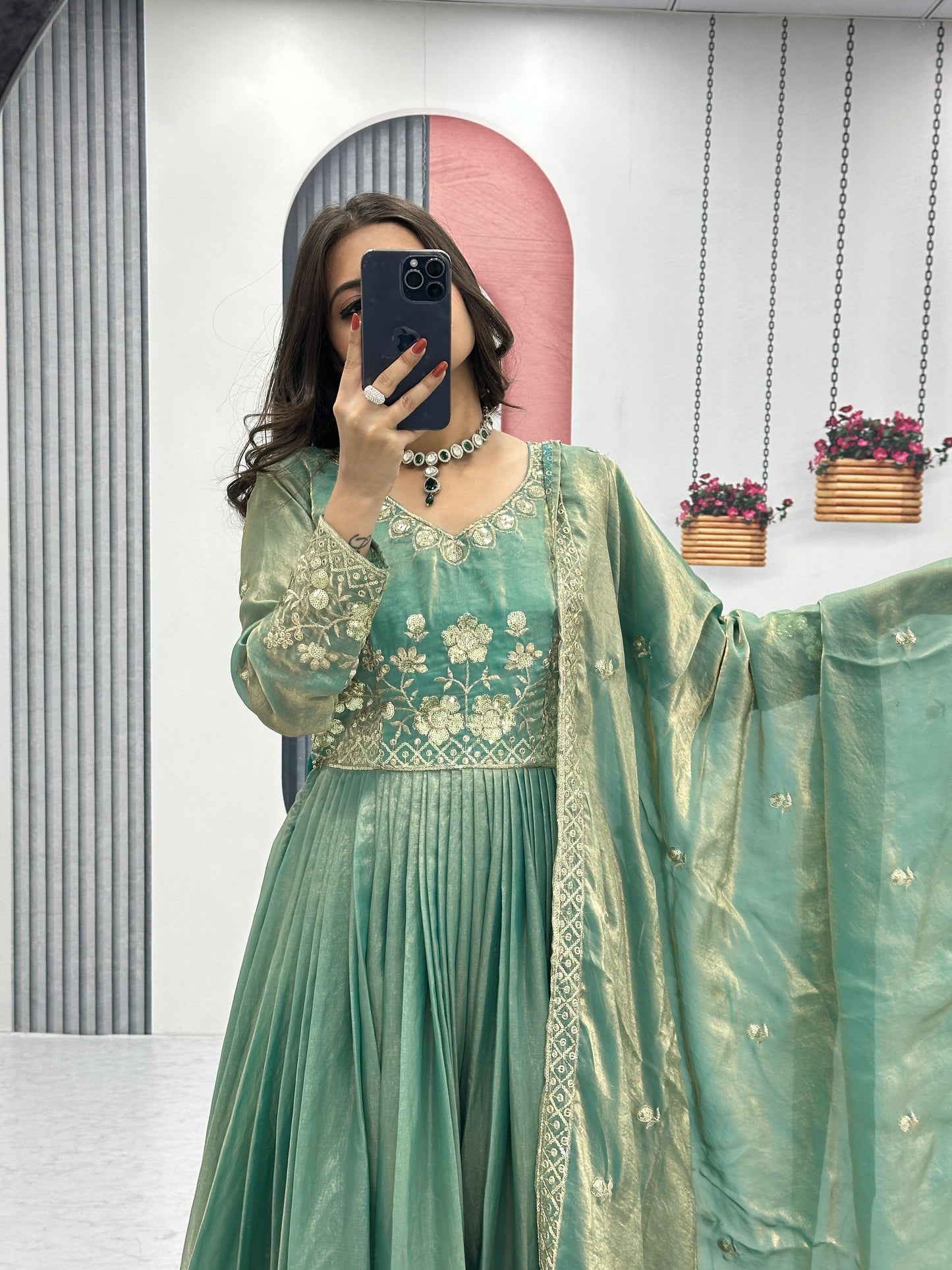 Classic Heavy Embroidery Thread & Sequence Work Party Wear Gown & Dupatta Set ( MAS_TP_239_Green )