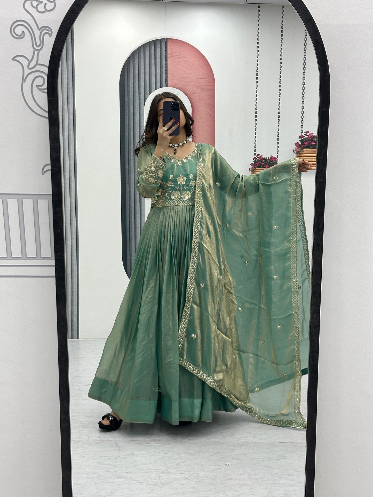 Classic Heavy Embroidery Thread & Sequence Work Party Wear Gown & Dupatta Set ( MAS_TP_239_Green )