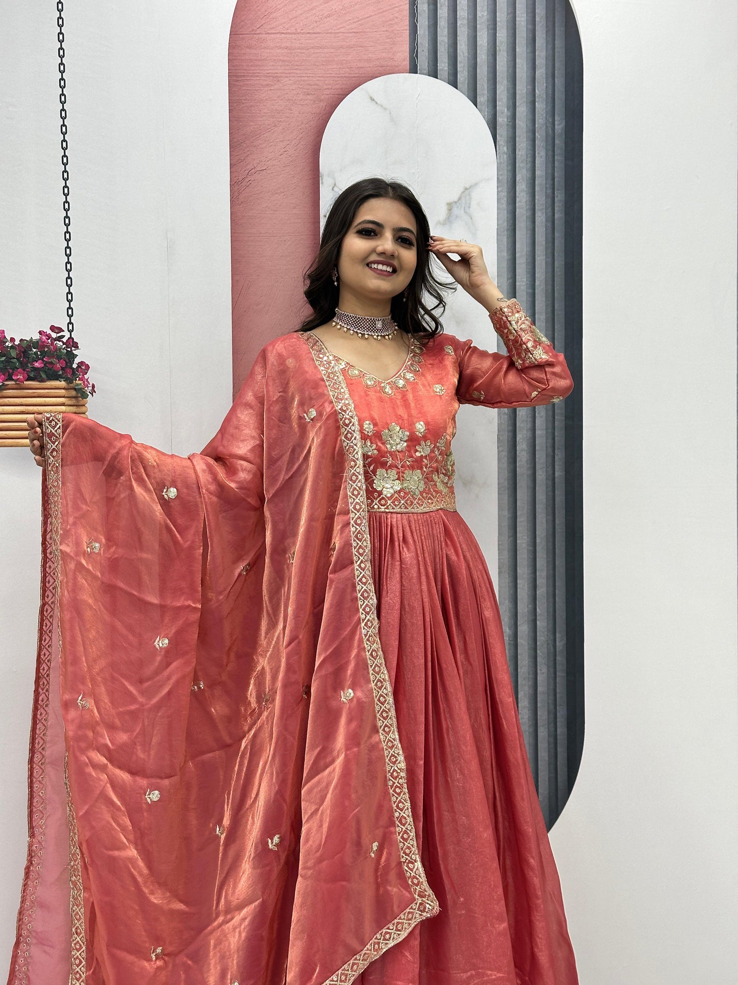 Classic Heavy Embroidery Thread & Sequence Work Party Wear Gown & Dupatta Set ( MAS_TP_239_Orange )