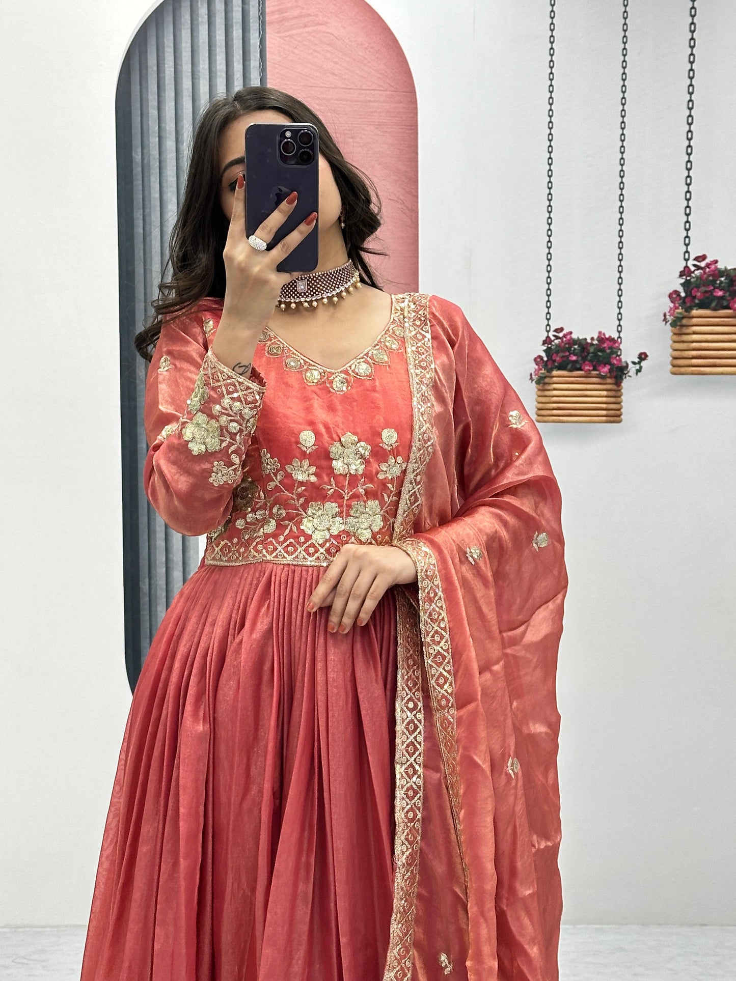 Classic Heavy Embroidery Thread & Sequence Work Party Wear Gown & Dupatta Set ( MAS_TP_239_Orange )