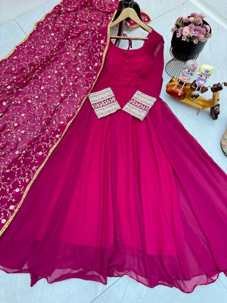 Pretty Pink Designer Party Wear Gown & Dupatta Set (MAS_ZB_5040_Pink)