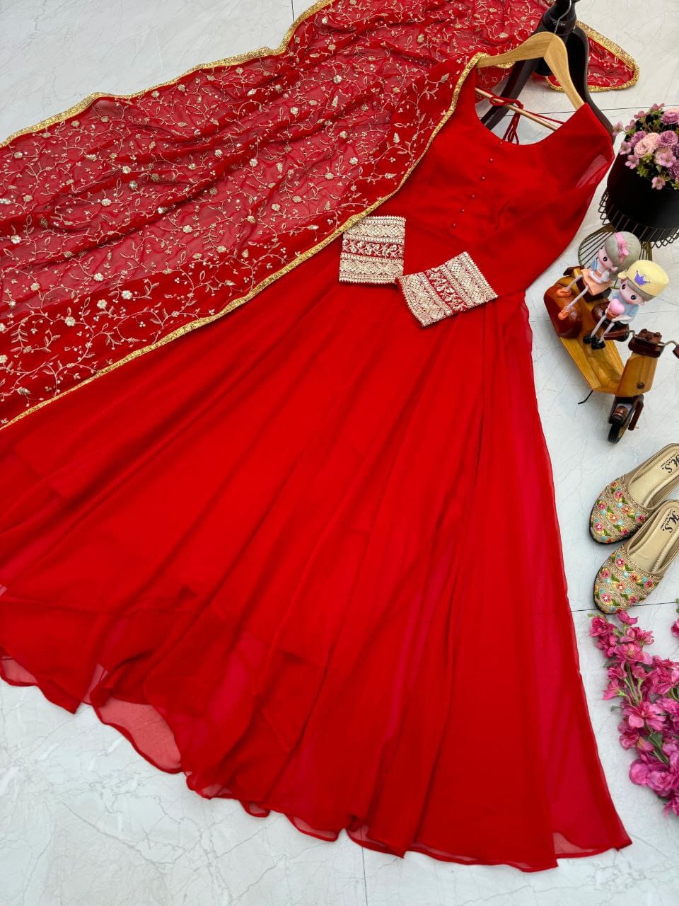 Charming Red New Designer Party Wear Gown & Dupatta Set ( MAS_ZB_5040_Red )