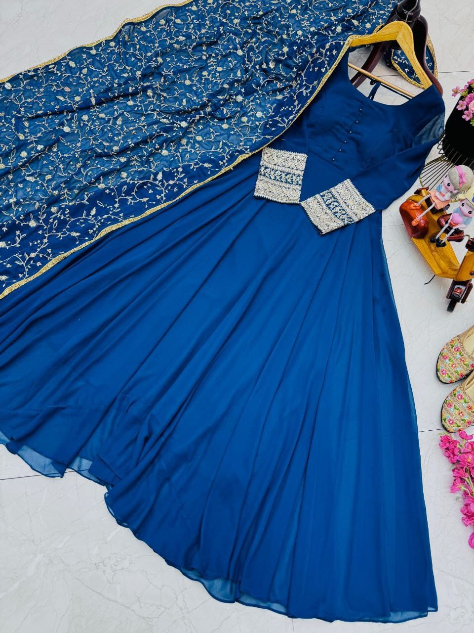 Lavish Blue New Designer Party Wear Gown & Dupatta Set ( MAS_ZB_5040_Blue )