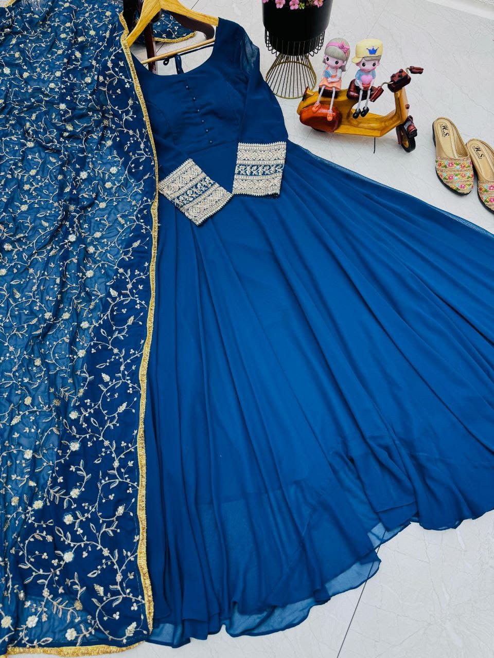 Lavish Blue New Designer Party Wear Gown & Dupatta Set ( MAS_ZB_5040_Blue )