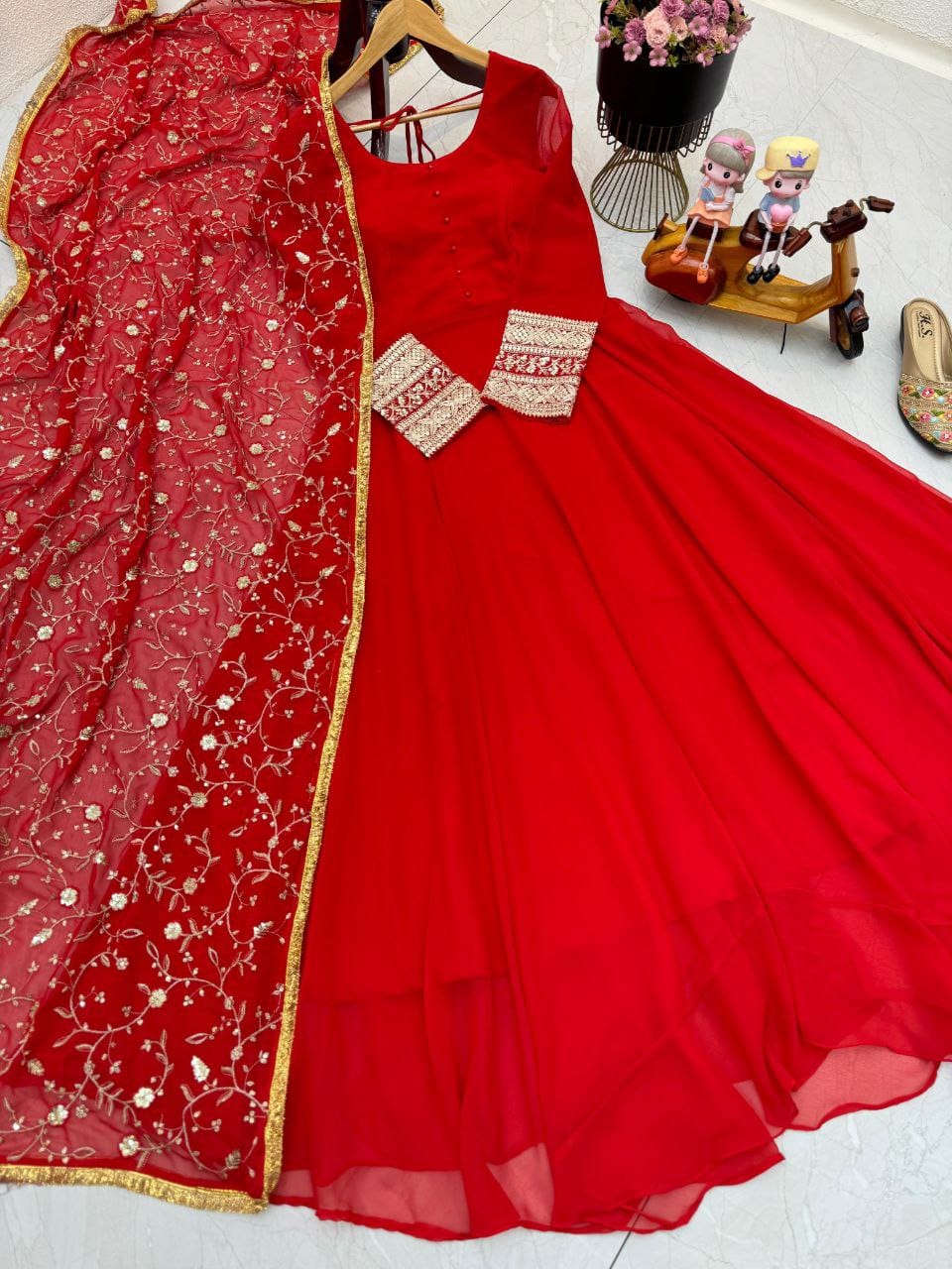 Charming Red New Designer Party Wear Gown & Dupatta Set ( MAS_ZB_5040_Red )
