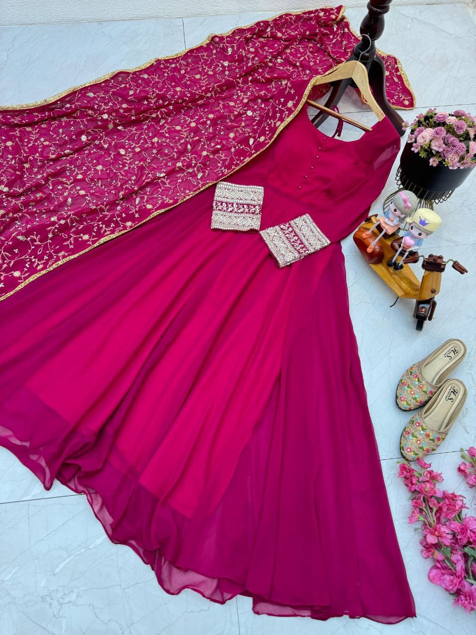 Pretty Pink Designer Party Wear Gown & Dupatta Set (MAS_ZB_5040_Pink)