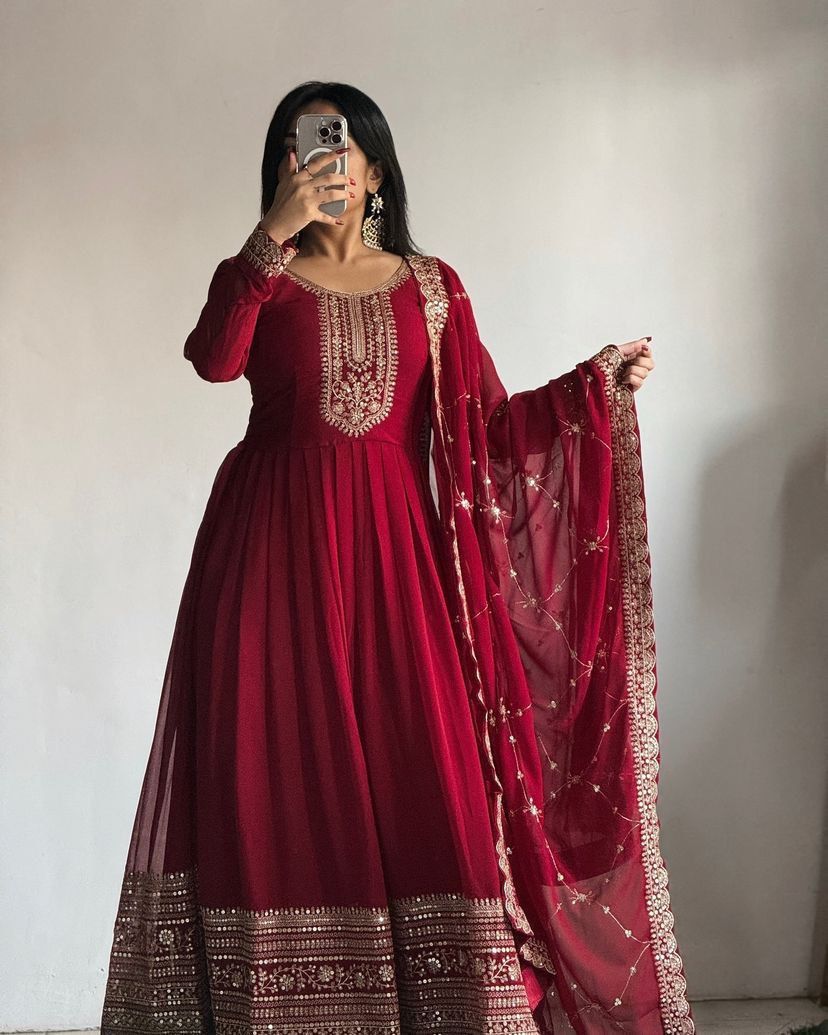 Admiring Maroon Party Wear Gown & Dupatta Set With Sequence Embroidery Work ( MAS_ZB_5044 )