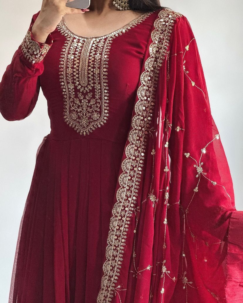 Admiring Maroon Party Wear Gown & Dupatta Set With Sequence Embroidery Work ( MAS_ZB_5044 )
