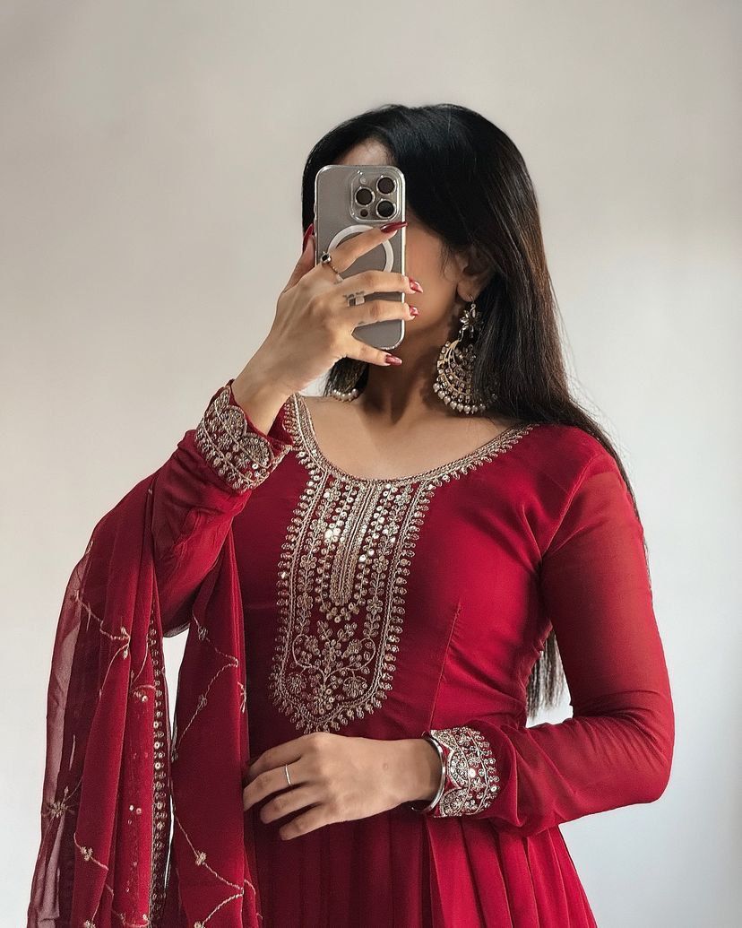 Admiring Maroon Party Wear Gown & Dupatta Set With Sequence Embroidery Work ( MAS_ZB_5044 )