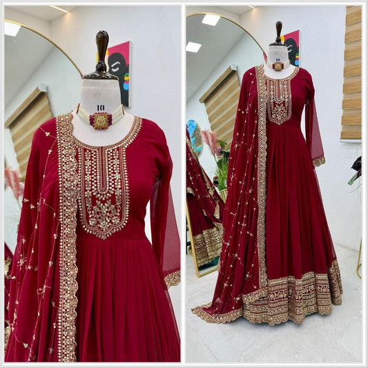 Admiring Maroon Party Wear Gown & Dupatta Set With Sequence Embroidery Work ( MAS_ZB_5044 )