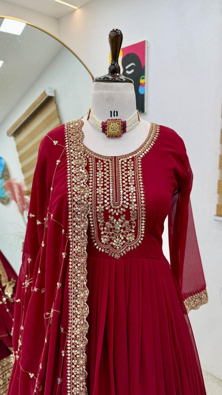 Admiring Maroon Party Wear Gown & Dupatta Set With Sequence Embroidery Work ( MAS_ZB_5044 )