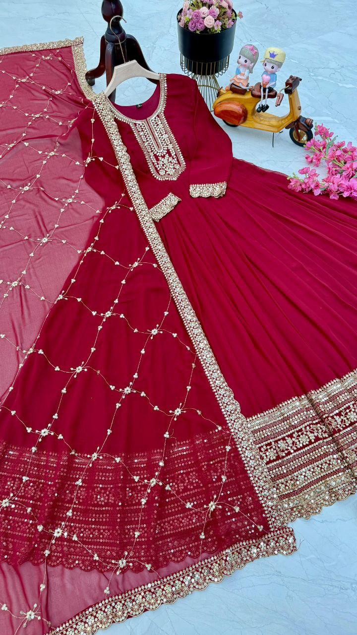 Admiring Maroon Party Wear Gown & Dupatta Set With Sequence Embroidery Work ( MAS_ZB_5044 )